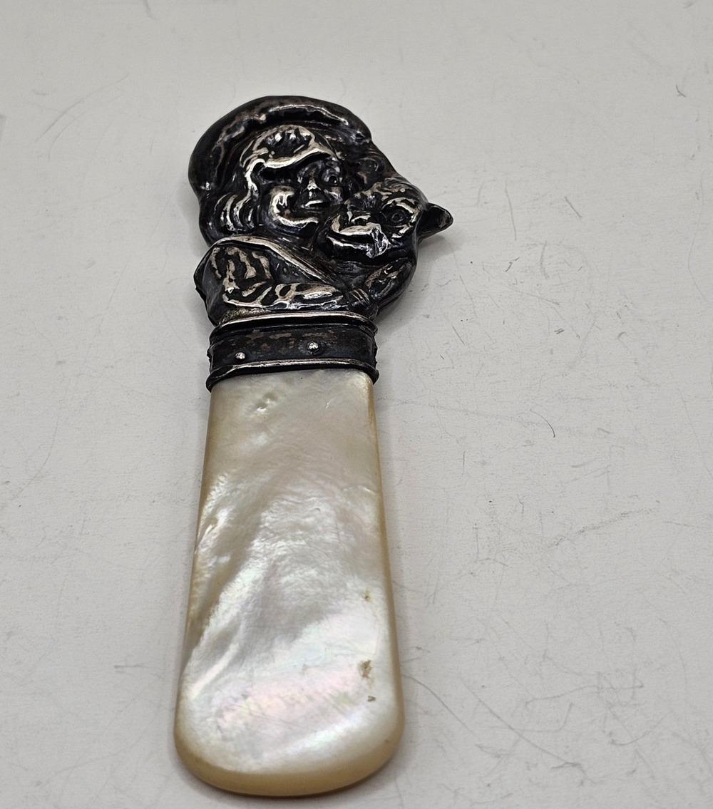 Antique Sterling & Mother Of Pearl Buster Brown & Tige Dog Baby Rattle Works